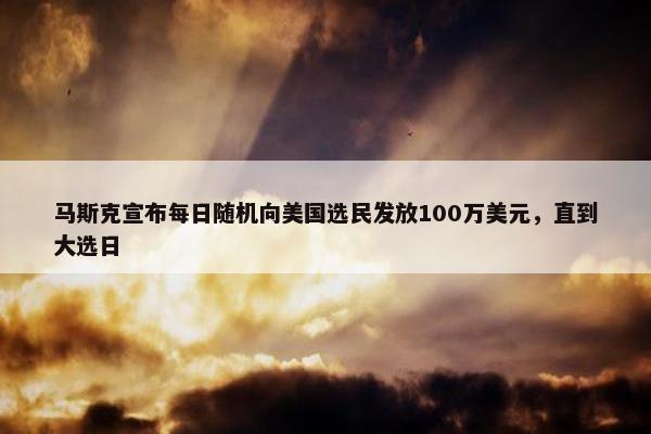 马斯克宣布每日随机向美国选民发放100万美元，直到大选日